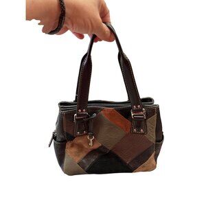 Fossil Long Live Vintage wms black brown leather patchwork satchel SKU 9920